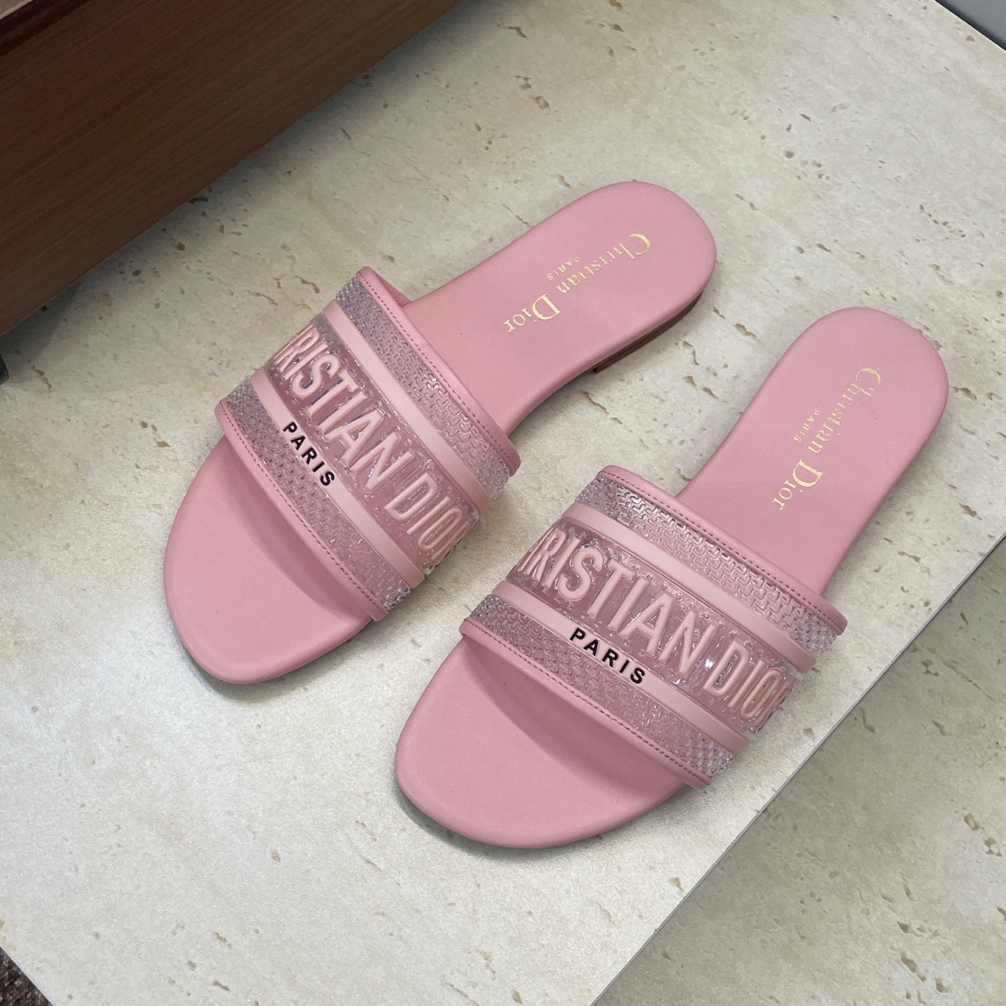 PINK LOGO EMBOSSED SLIDE SANDALS