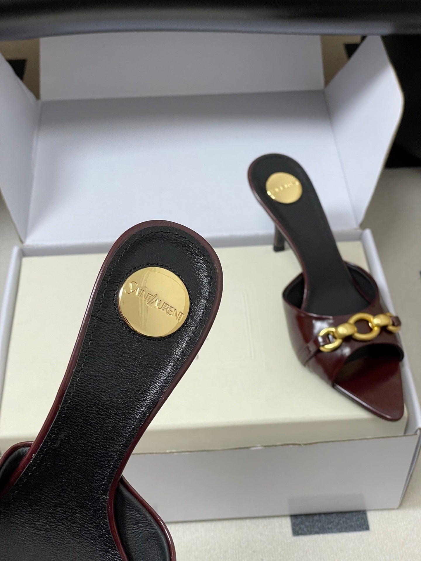 BURGUNDY POINTED TOE MULE HEELS WITH GOLD DETAIL