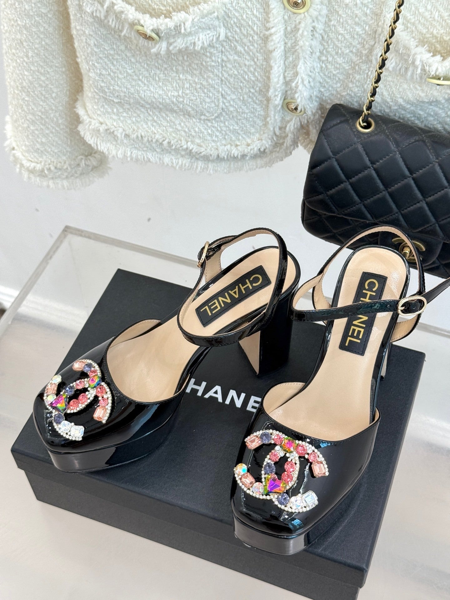 BLACK PATENT PLATFORM CRYSTAL HEELS