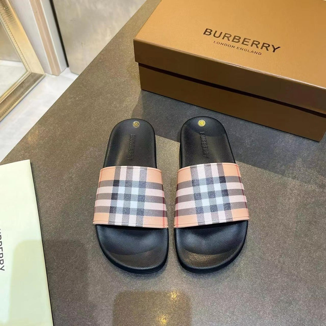 BEIGE CHECK PRINT SLIDE SANDALS