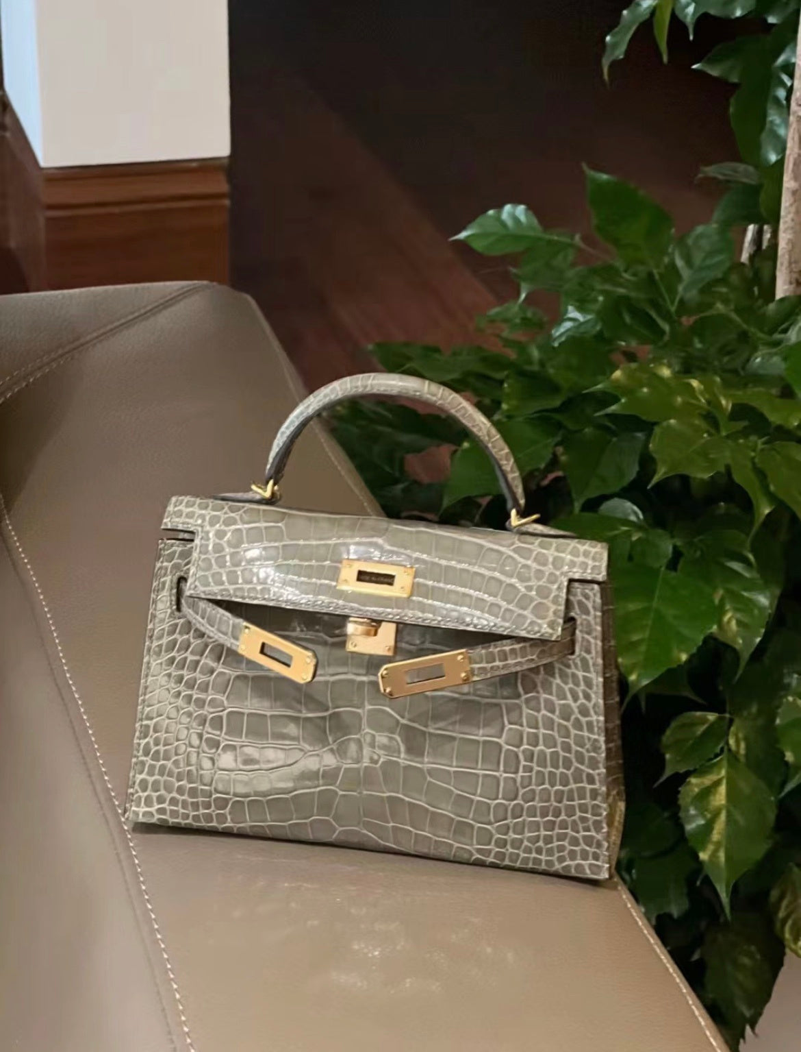 TAUPE CROCODILE EMBOSSED MINI TOP HANDLE HANDBAG WITH GOLD HARDWARE