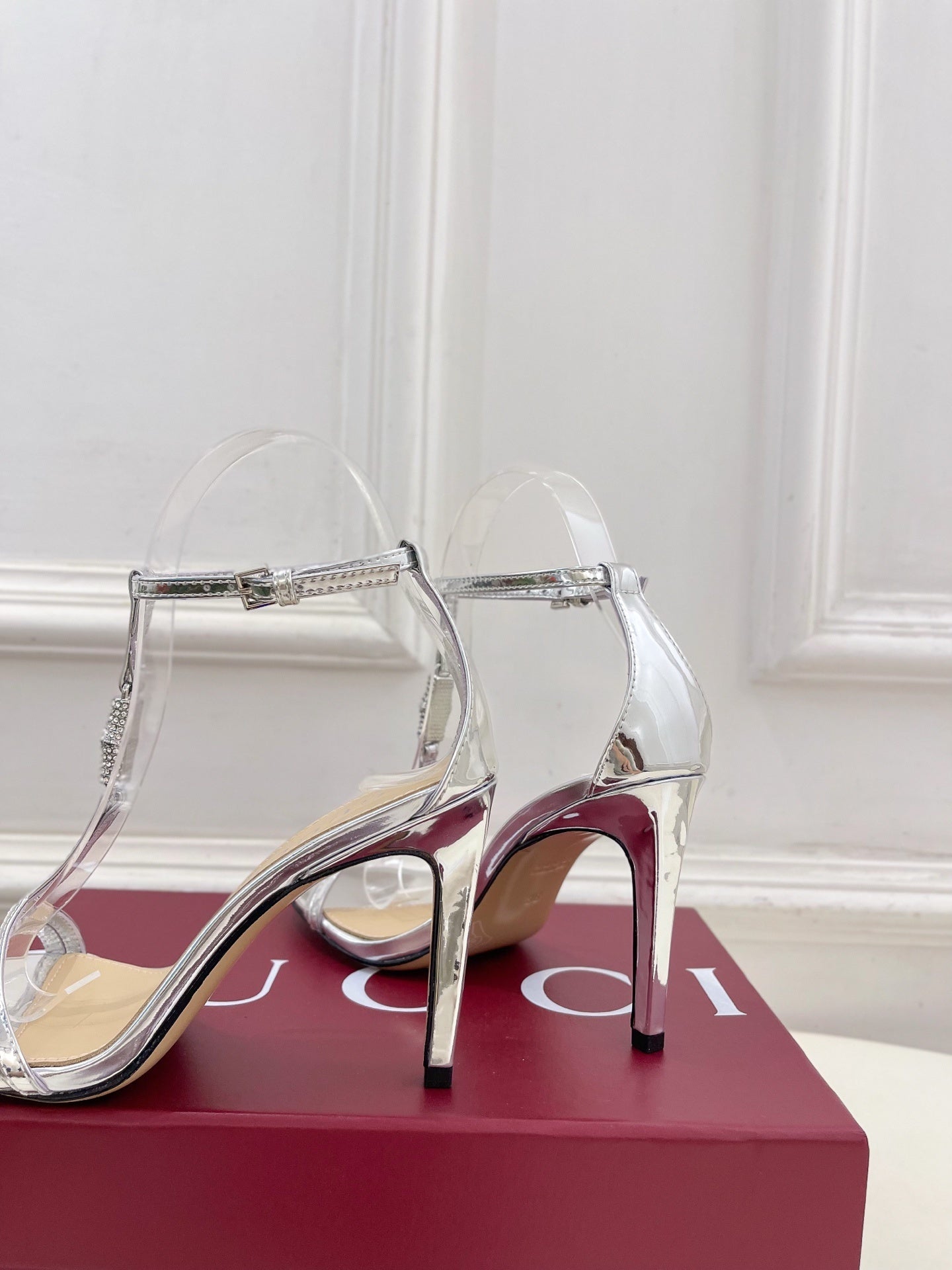 SILVER TRANSPARENT STRAPPY HEEL SANDALS