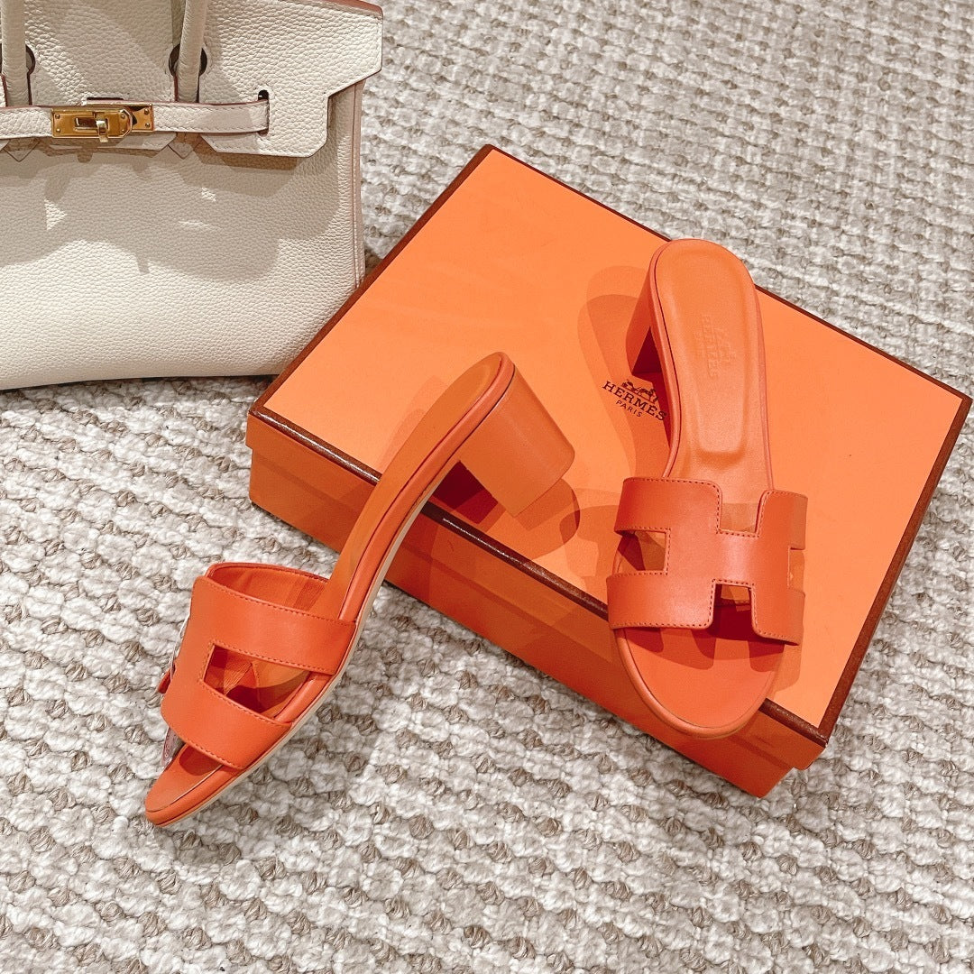 ORANGE BLOCK HEEL SANDALS