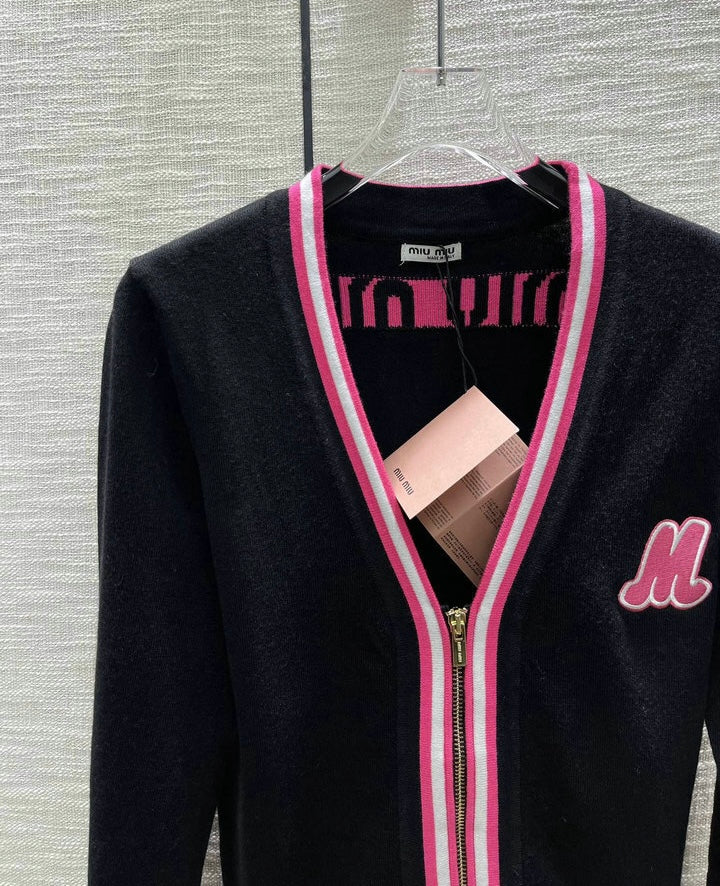 ZIP-UP CONTRAST KNIT CARDIGAN