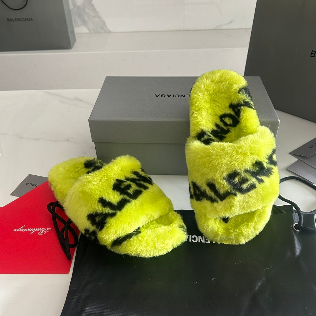 NEON YELLOW FAUX FUR LOGO SLIDE SANDALS