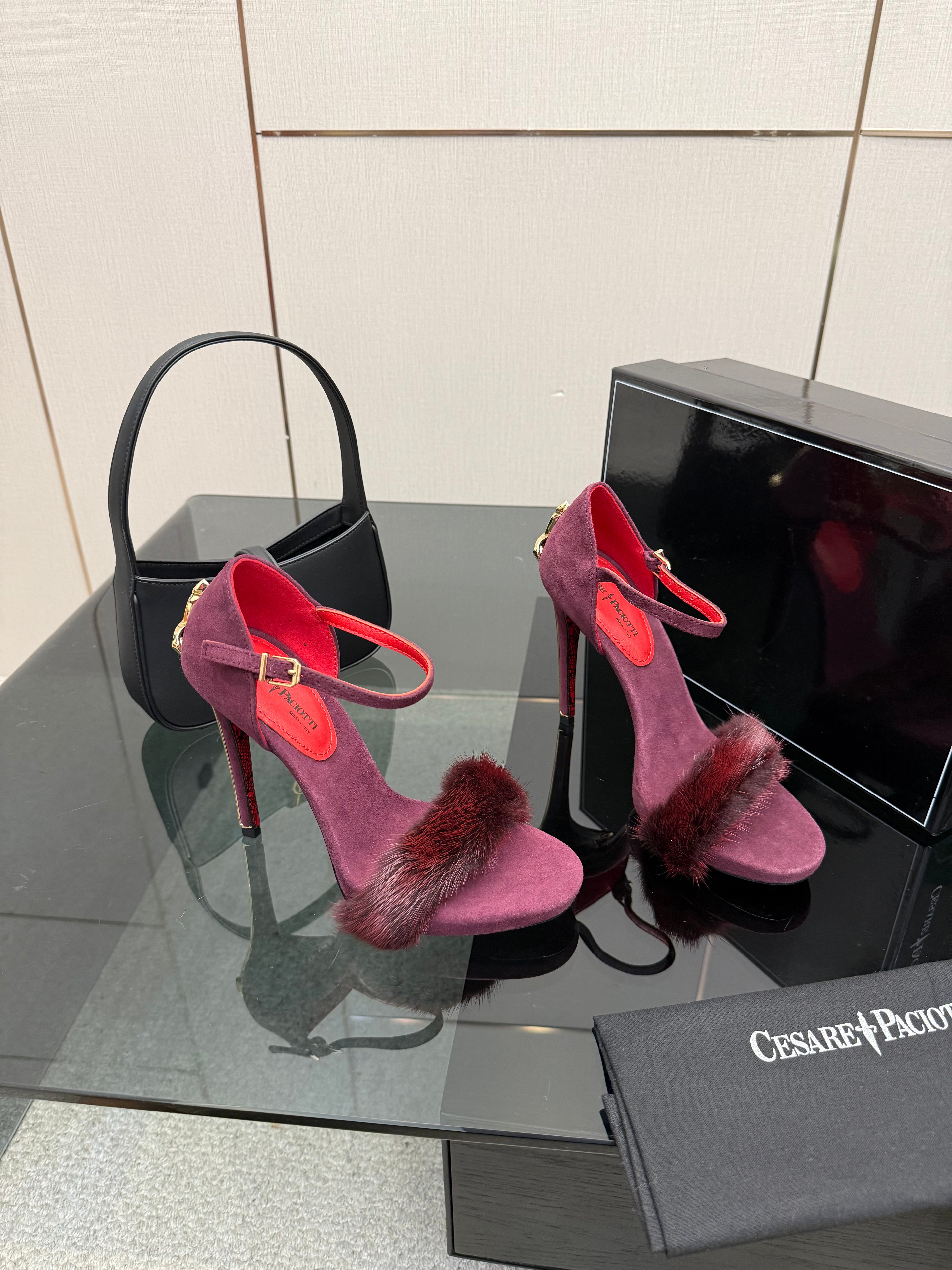 SUEDE FUR-TRIM STILETTO SANDALS – PLUM WINE EDITION
