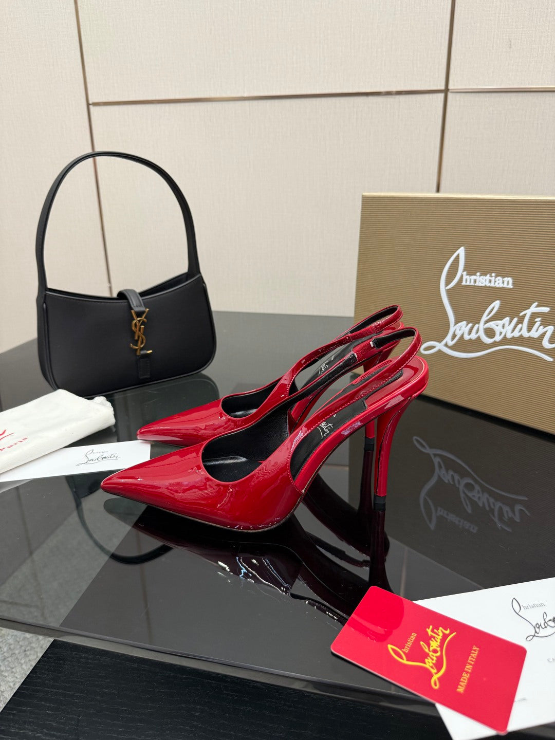 RED PATENT SLINGBACK POINTED HEELS