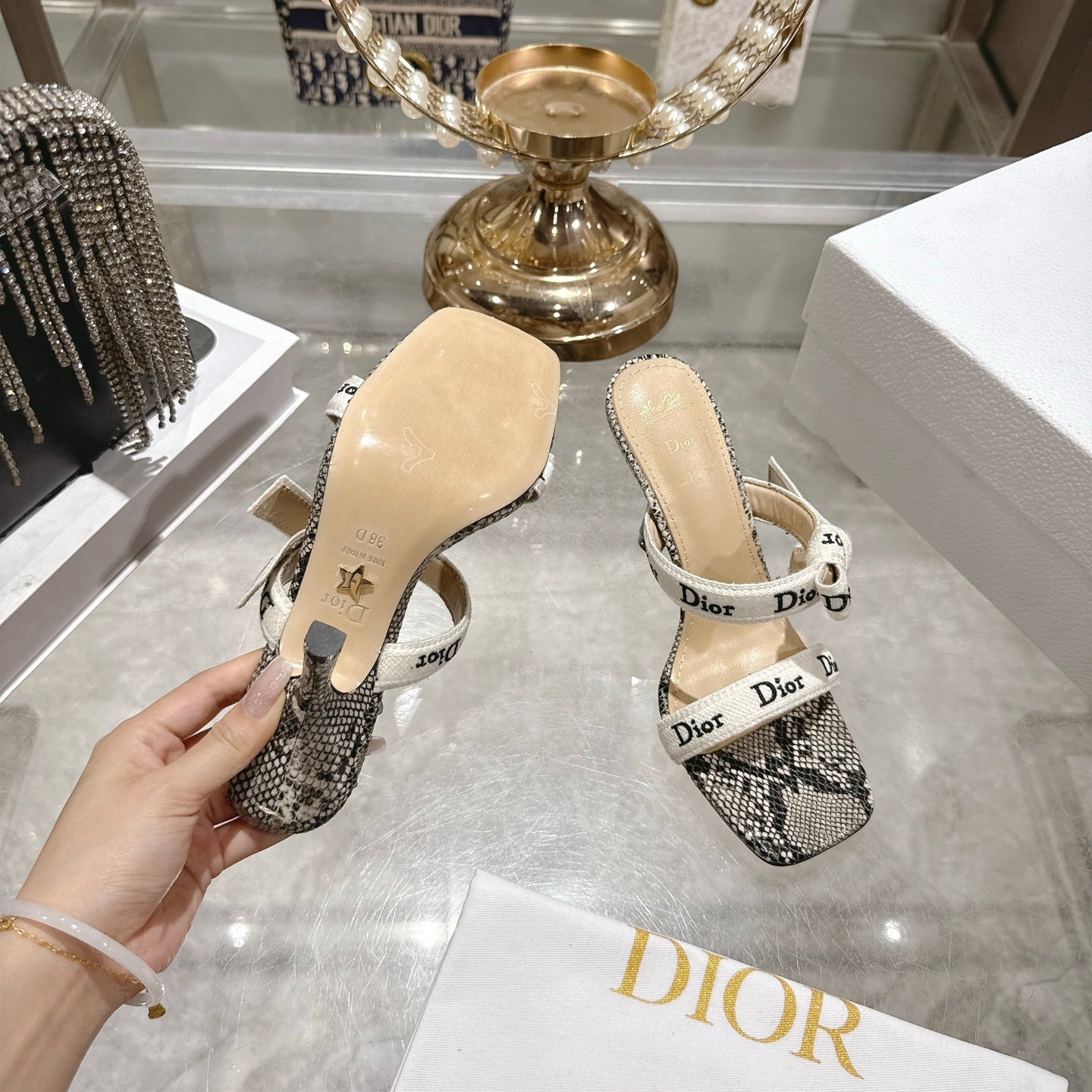 SNAKESKIN PRINT LOGO STRAP BOW HEEL SANDALS