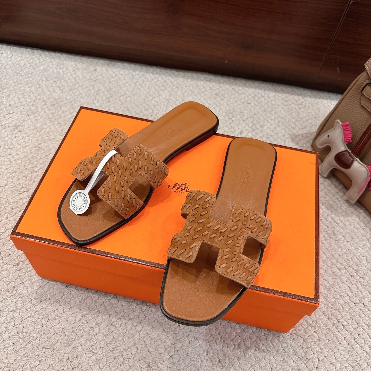 BROWN SUEDE SLIDE SANDALS