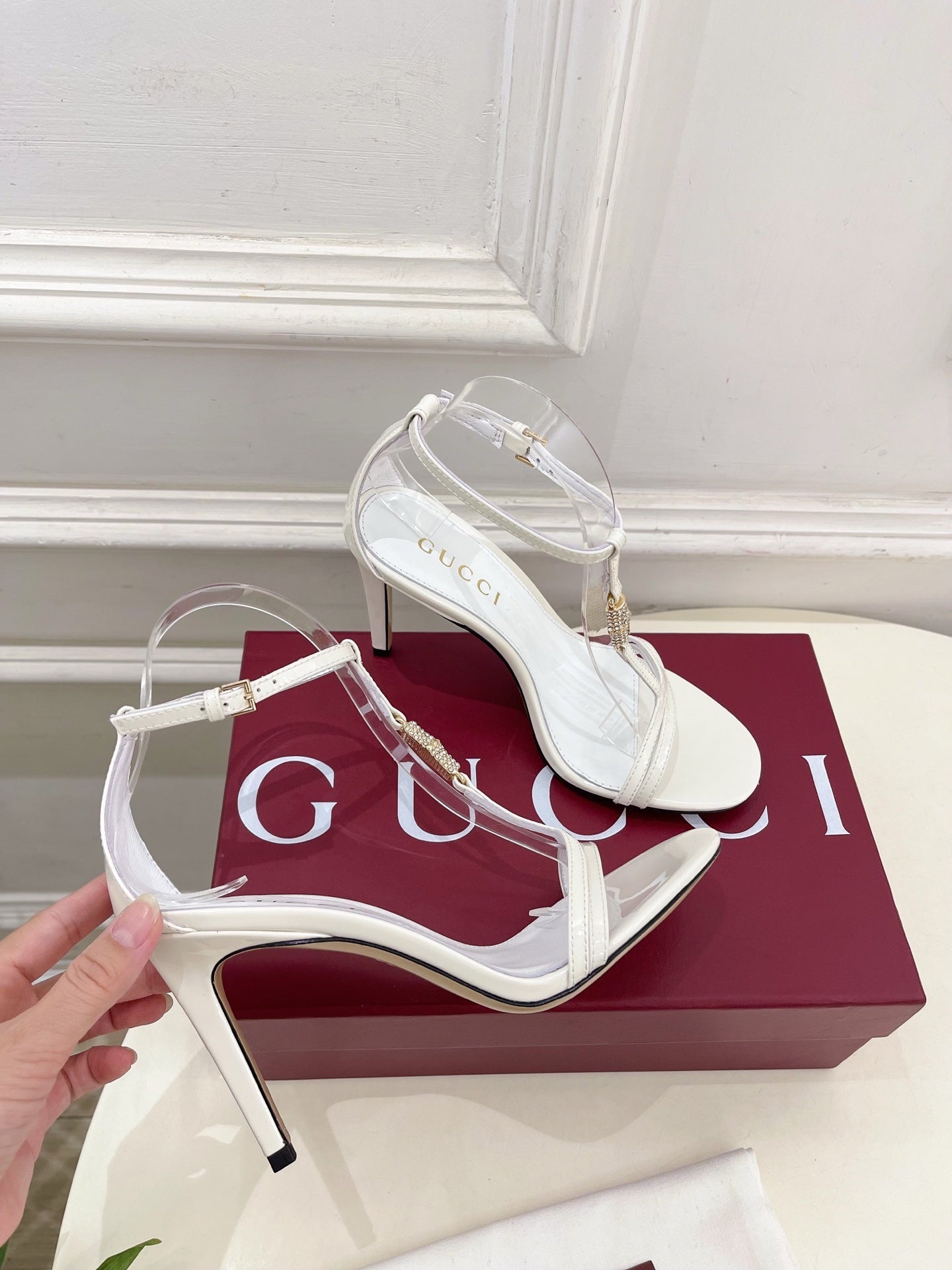 WHITE TRANSPARENT STRAPPY HEEL SANDALS