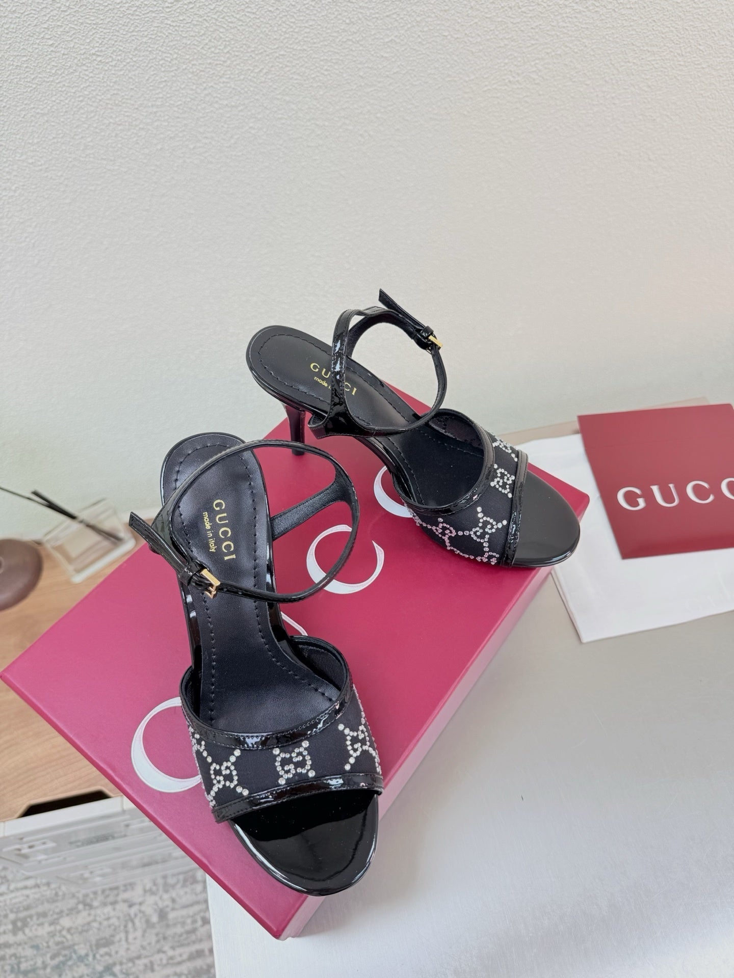 BLACK EMBELLISHED STRAPPY HEEL SANDALS