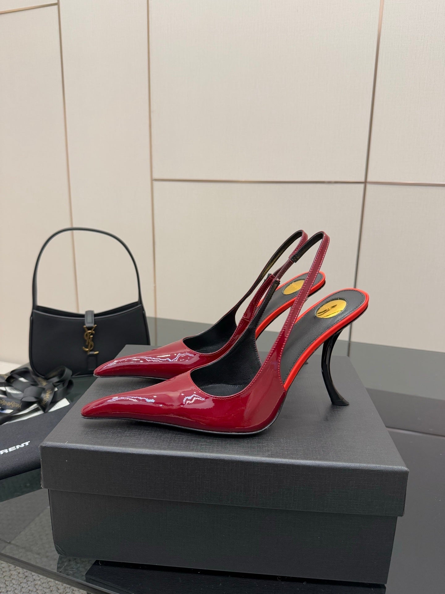 BURGUNDY PATENT SLINGBACK POINTED HEELS