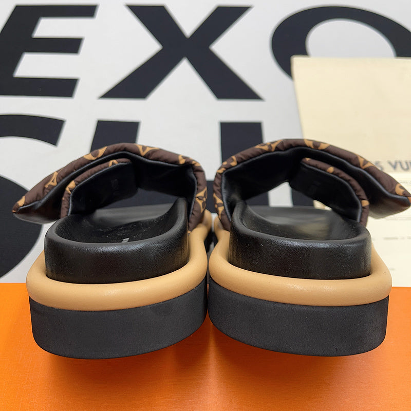 MONOGRAM PUFF STRAP PLATFORM SLIDE SANDALS