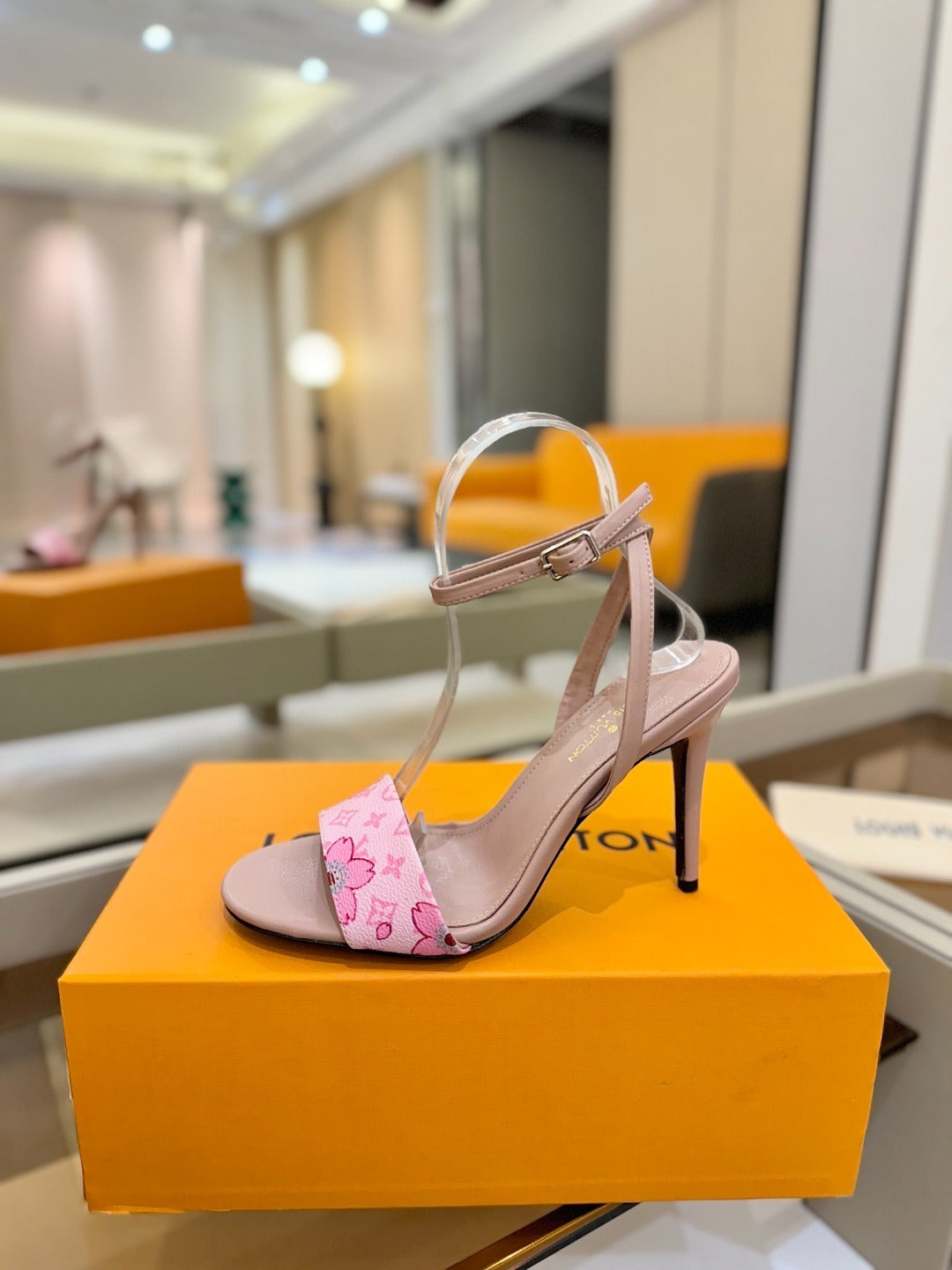 FLORAL PRINT STRAP STILETTO SANDALS – BLUSH PINK