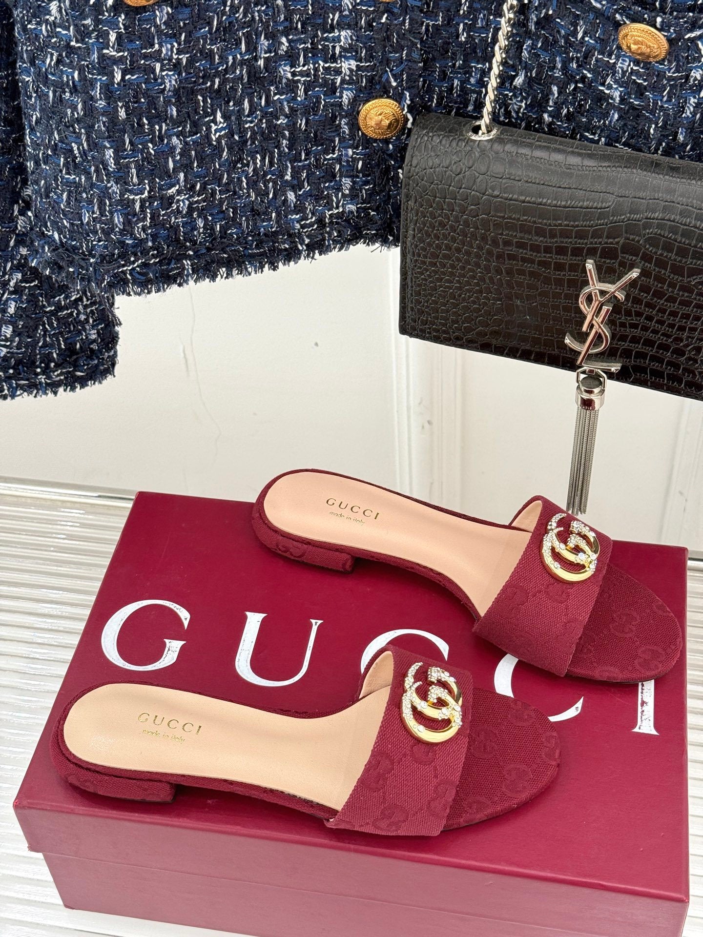 BURGUNDY MONOGRAM LOW HEEL SLIDES