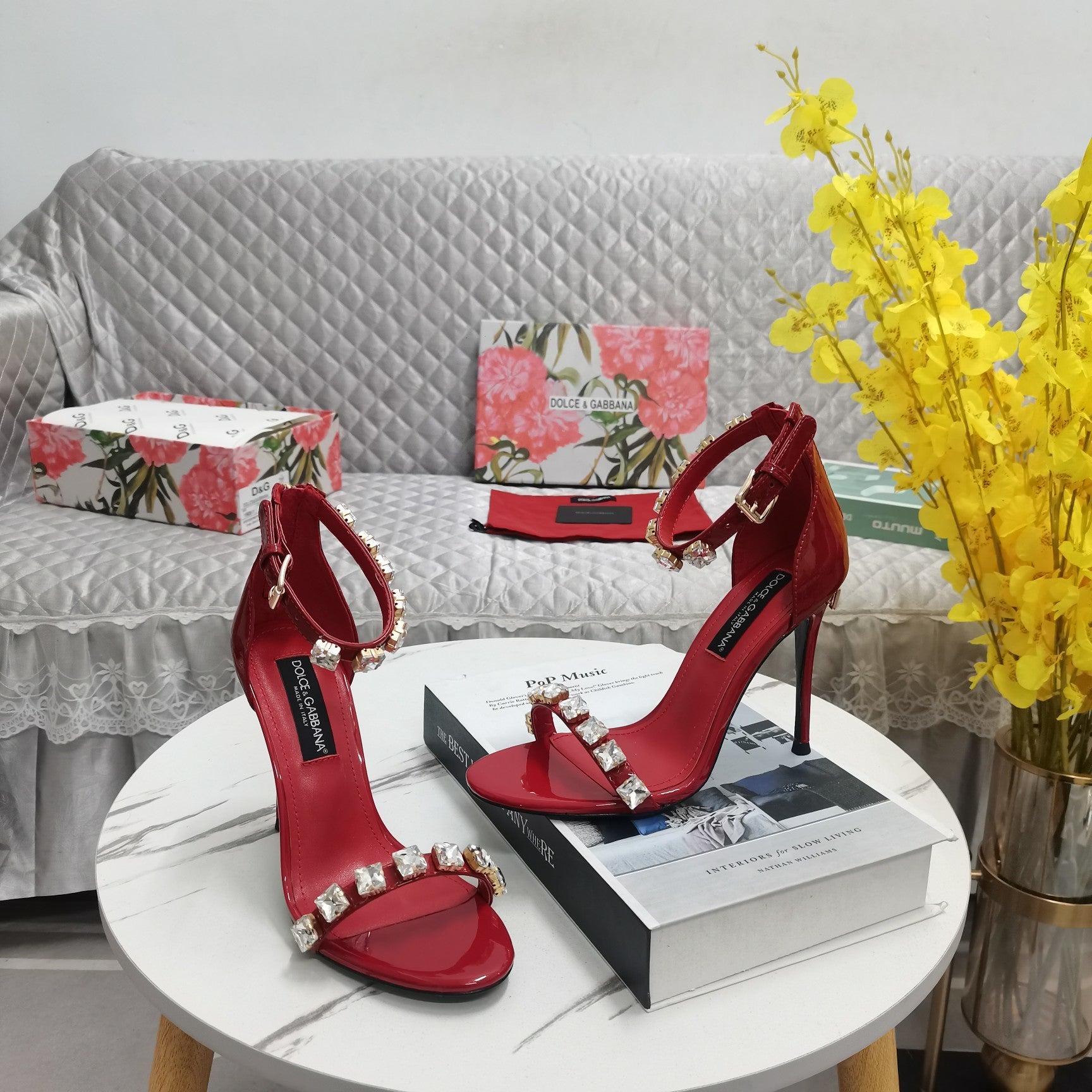 RED STRAPPY HEEL SANDALS WITH CRYSTAL EMBELLISHMENTS