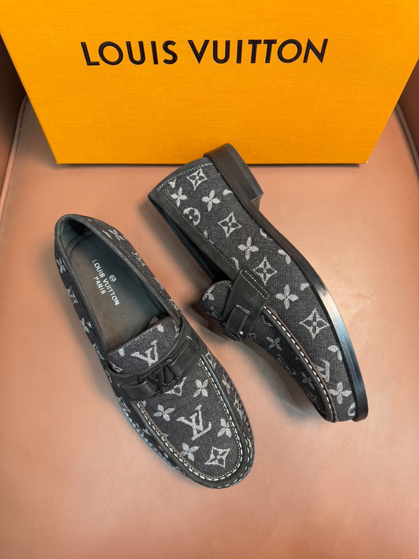 BLACK MONOGRAM CANVAS LOAFERS WITH METAL DETAIL