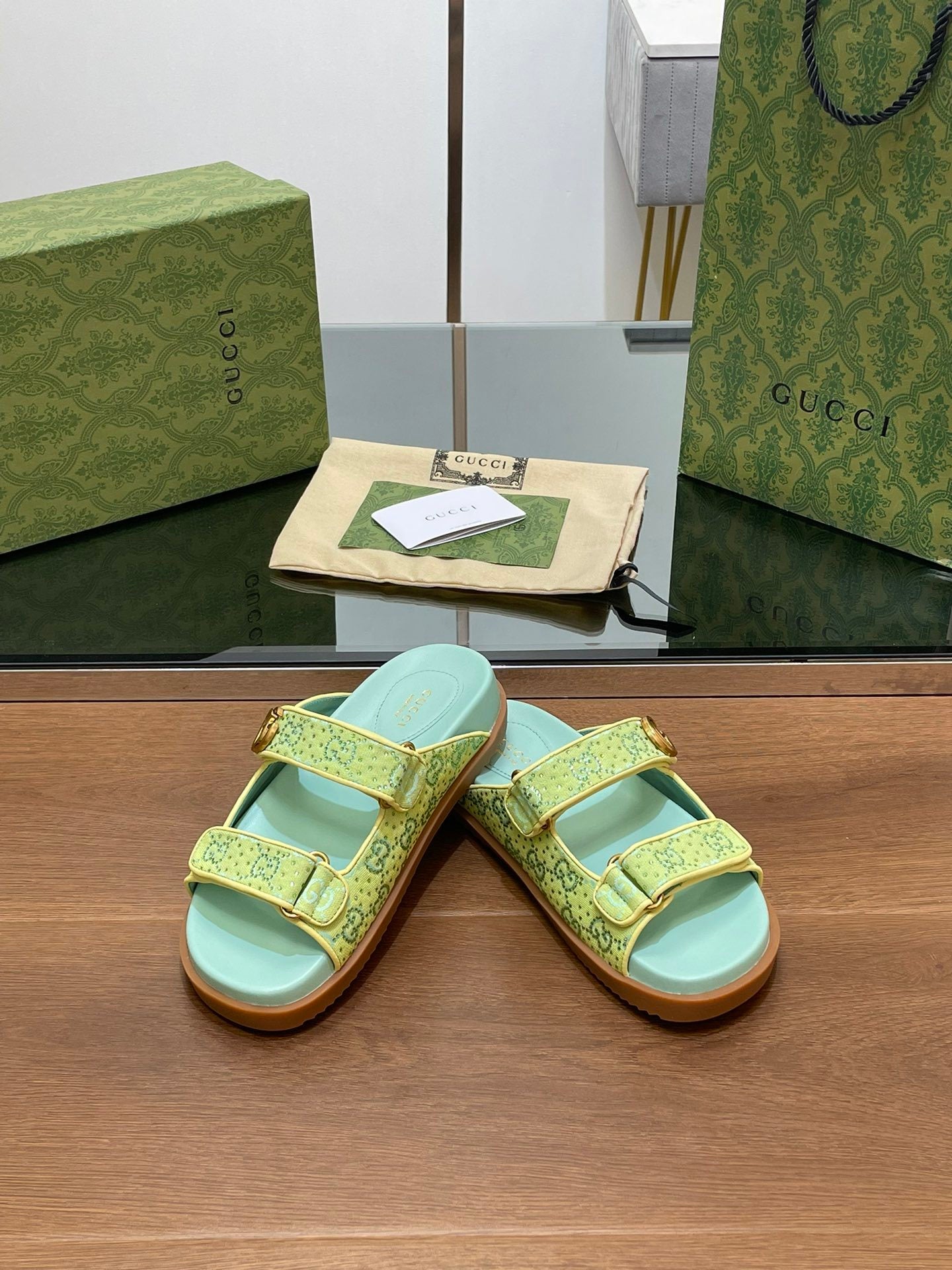 GREEN MULTI-STRAP LOGO SANDALS