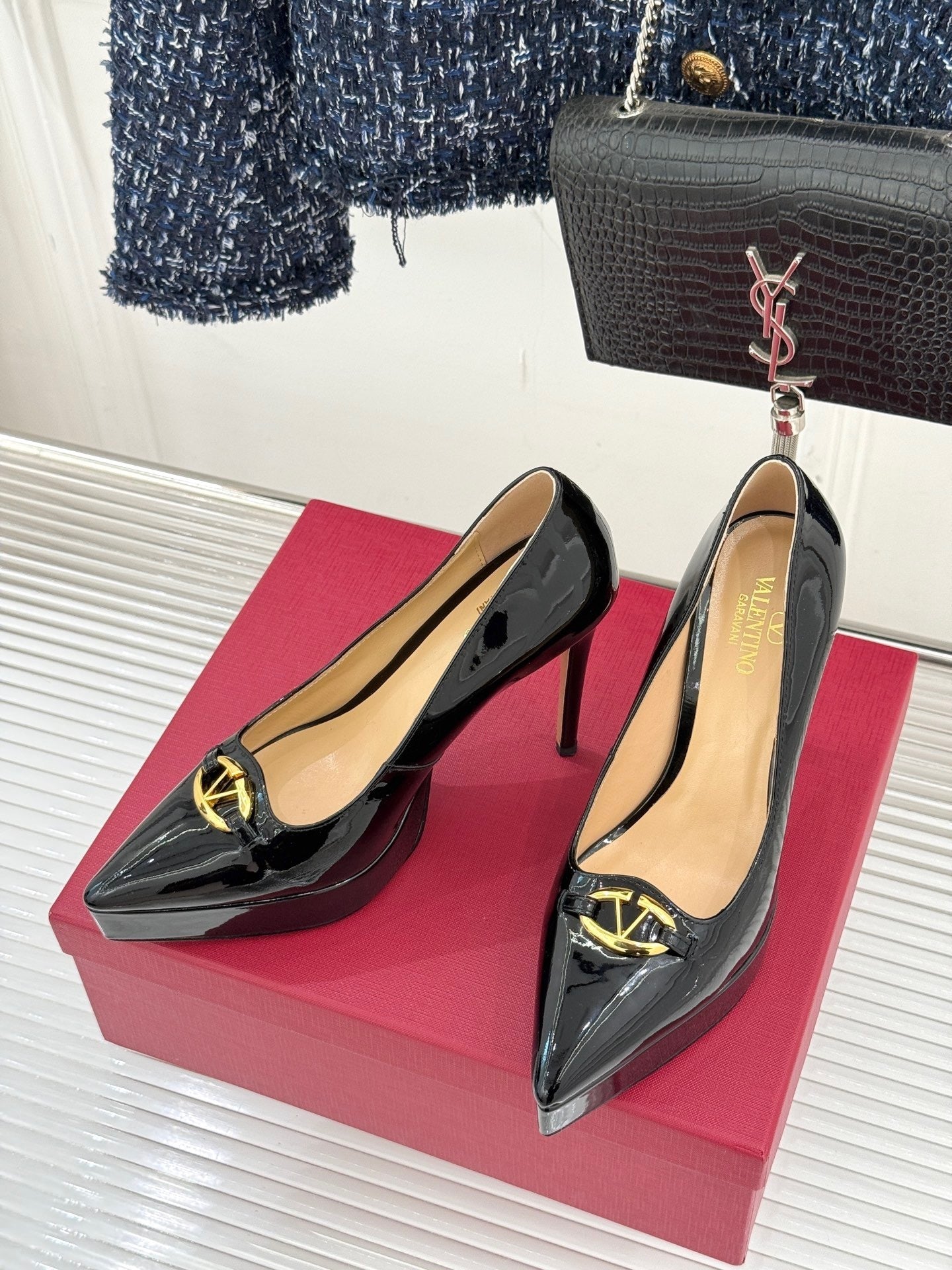 BLACK PATENT PLATFORM PUMPS WITH GOLD DETAIL