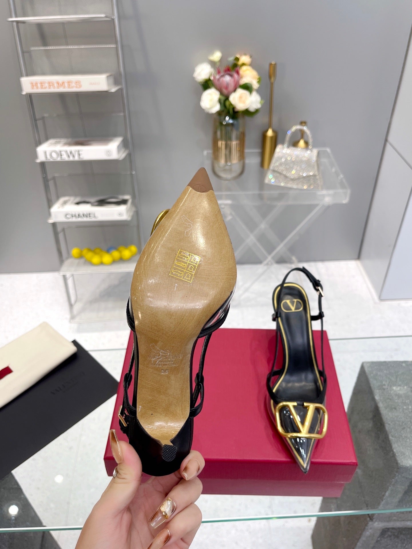 CLEAR SLINGBACK HEELS – CLASSIC BLACK WITH GOLD LOGO DETAIL