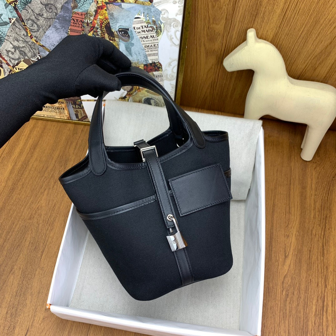 LUXURY BLACK CANVAS & LEATHER MINI PICOTIN STYLE HANDBAG
