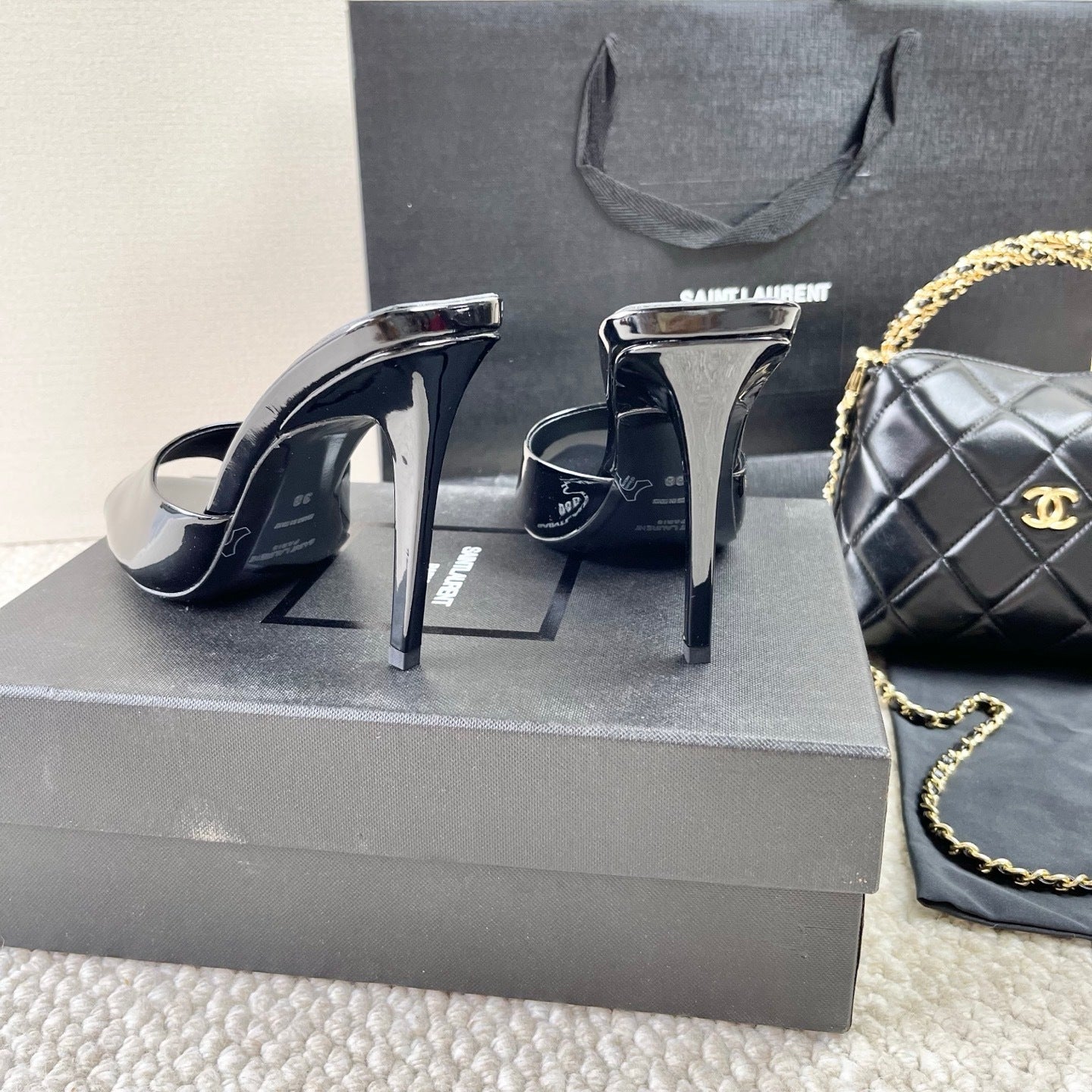 BLACK PATENT OPEN-TOE MULE HEELS