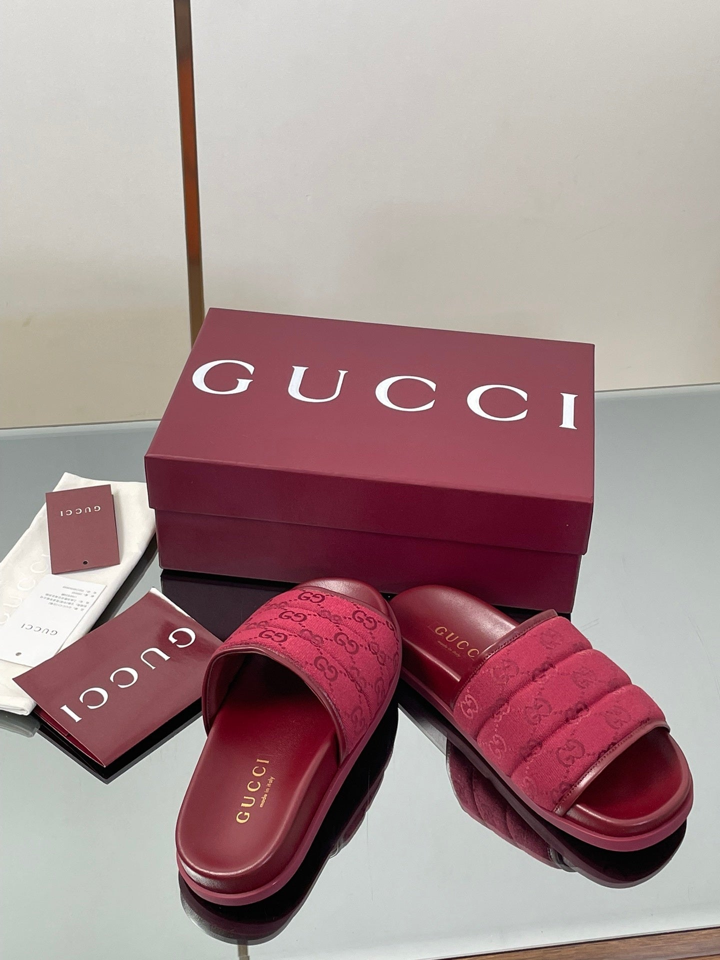 RED PADDED SLIDE SANDALS