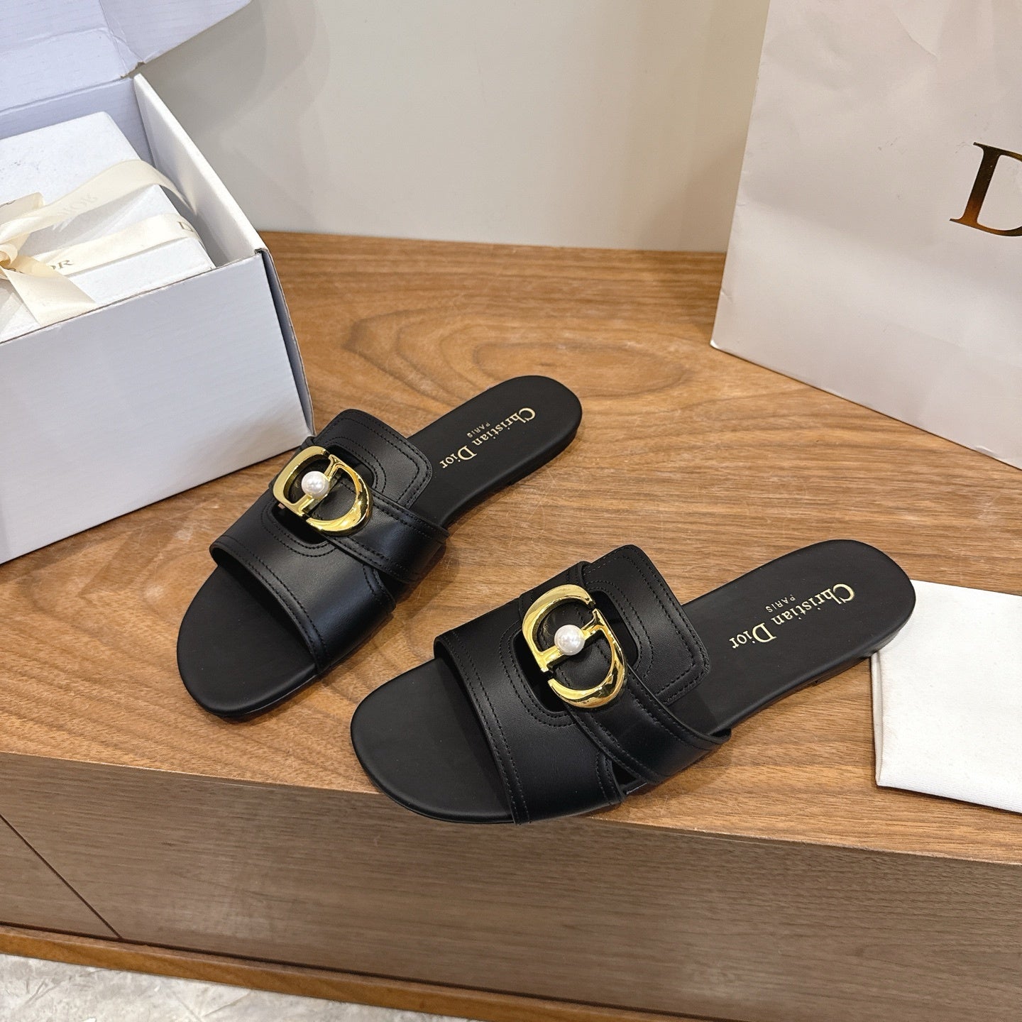 BLACK LEATHER GOLD BUCKLE SLIDE SANDALS