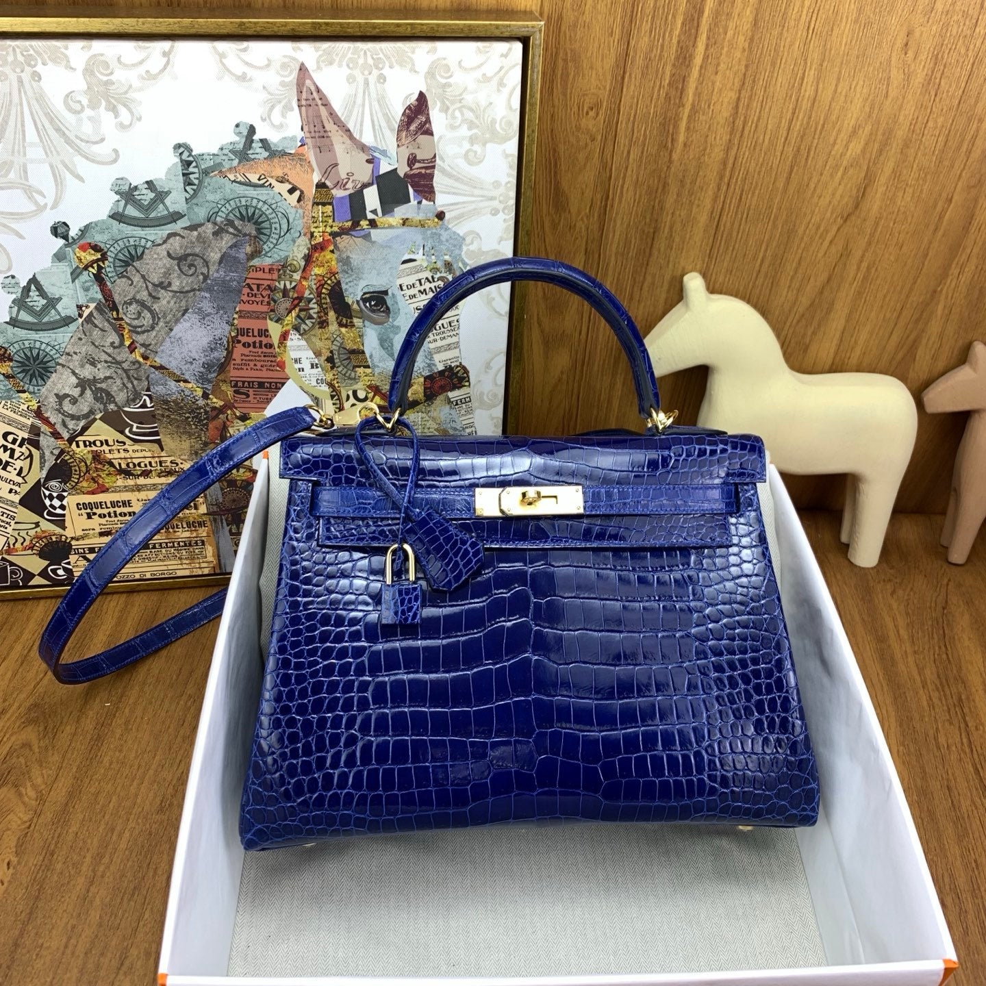 LUXURY ROYAL BLUE CROCODILE EMBOSSED LEATHER TOP HANDLE HANDBAG WITH GOLD HARDWARE