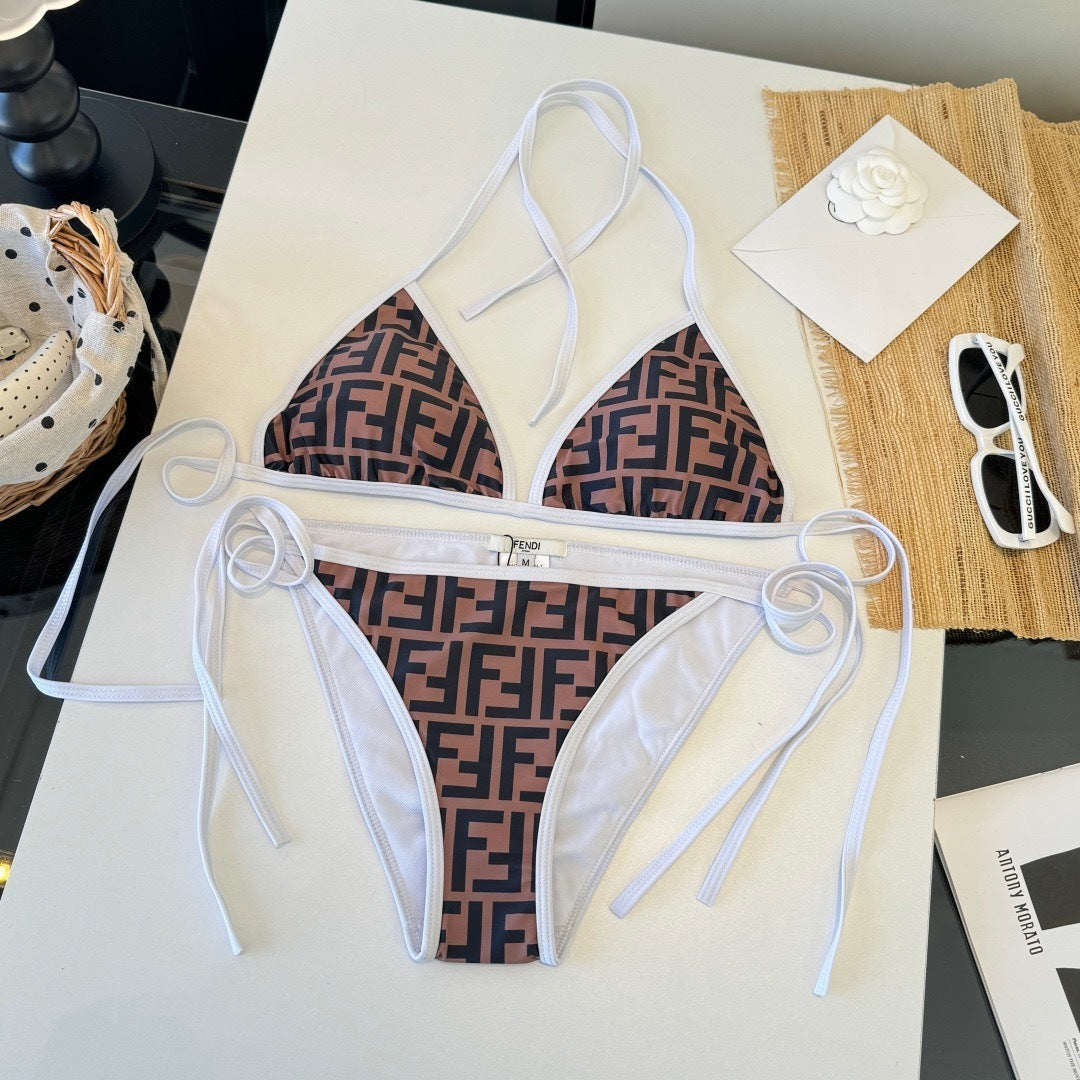 BROWN MONOGRAM TRIANGLE BIKINI SET WITH WHITE TRIM
