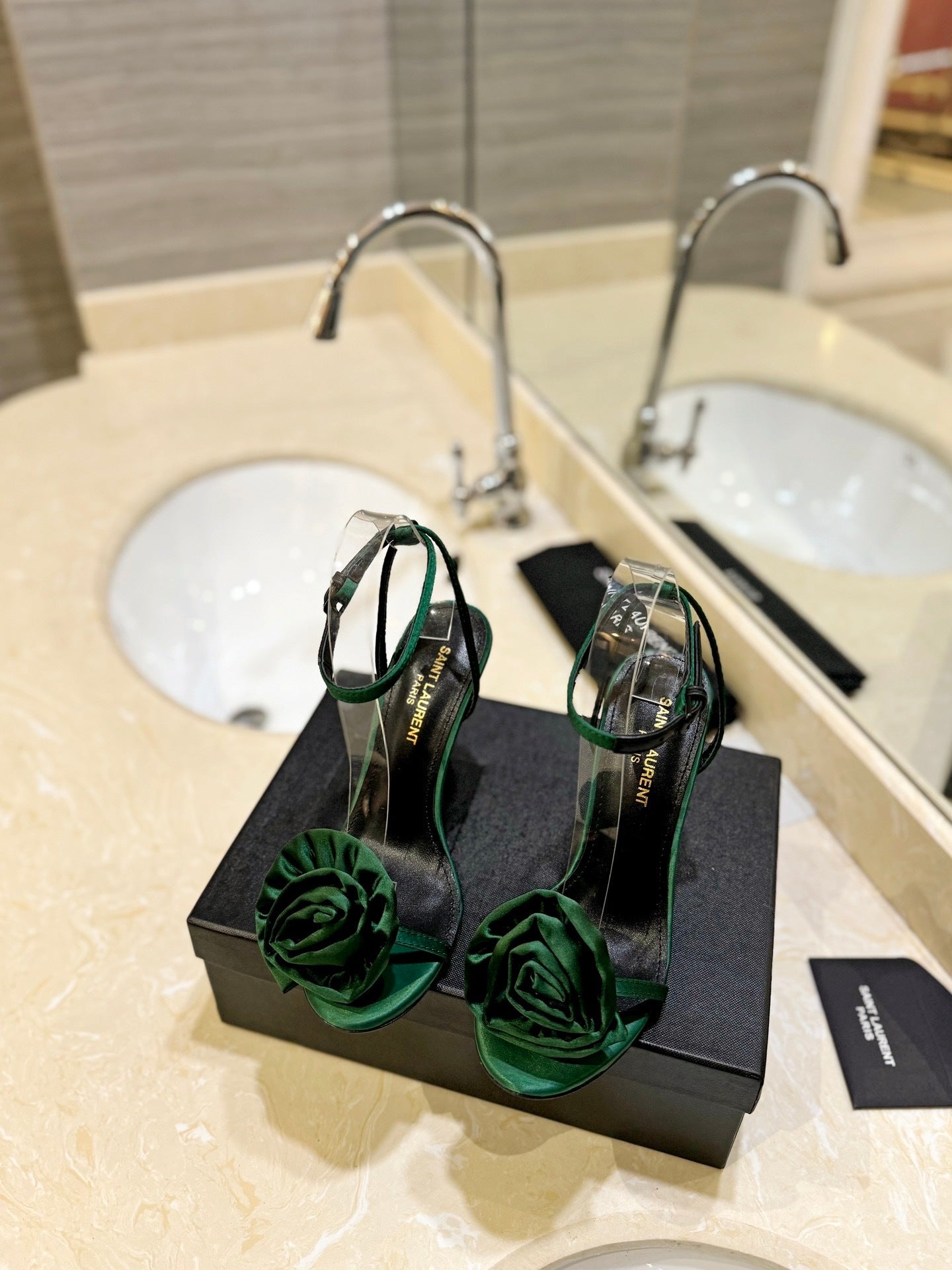 GREEN ROSE DETAIL HIGH HEEL SANDALS