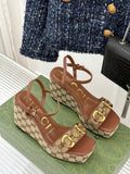 BEIGE MONOGRAM PLATFORM WEDGE SANDALS