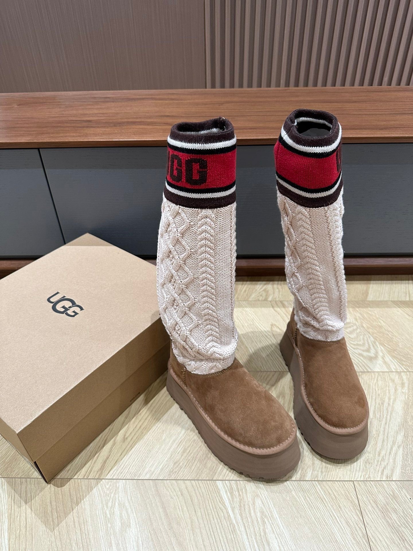 Damen-Strick-Plateau-Winterstiefel mit hohem Schaft