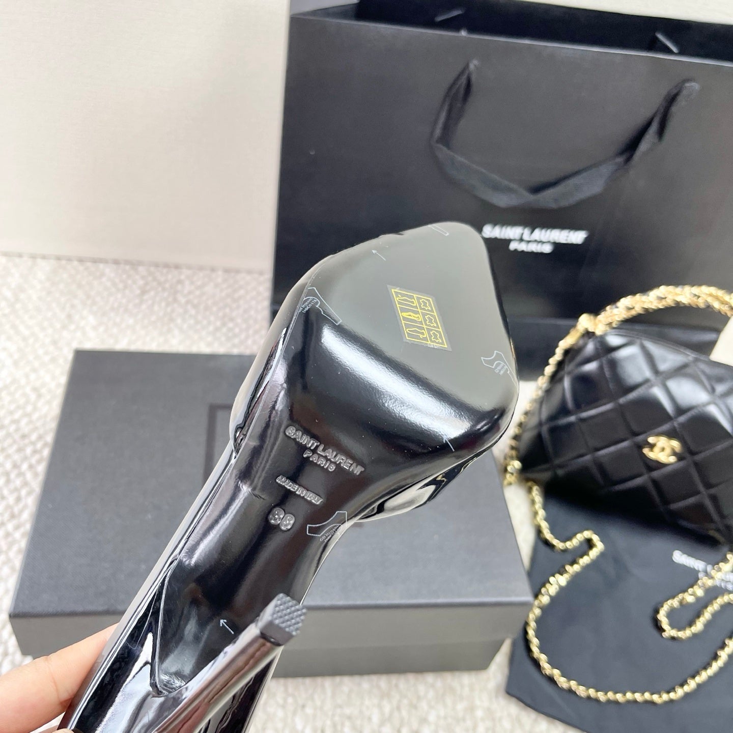 BLACK PATENT OPEN-TOE MULE HEELS