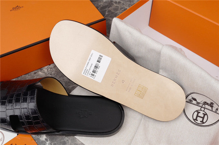 BLACK CROCODILE-EMBOSSED H-CUT LEATHER SLIDE SANDALS