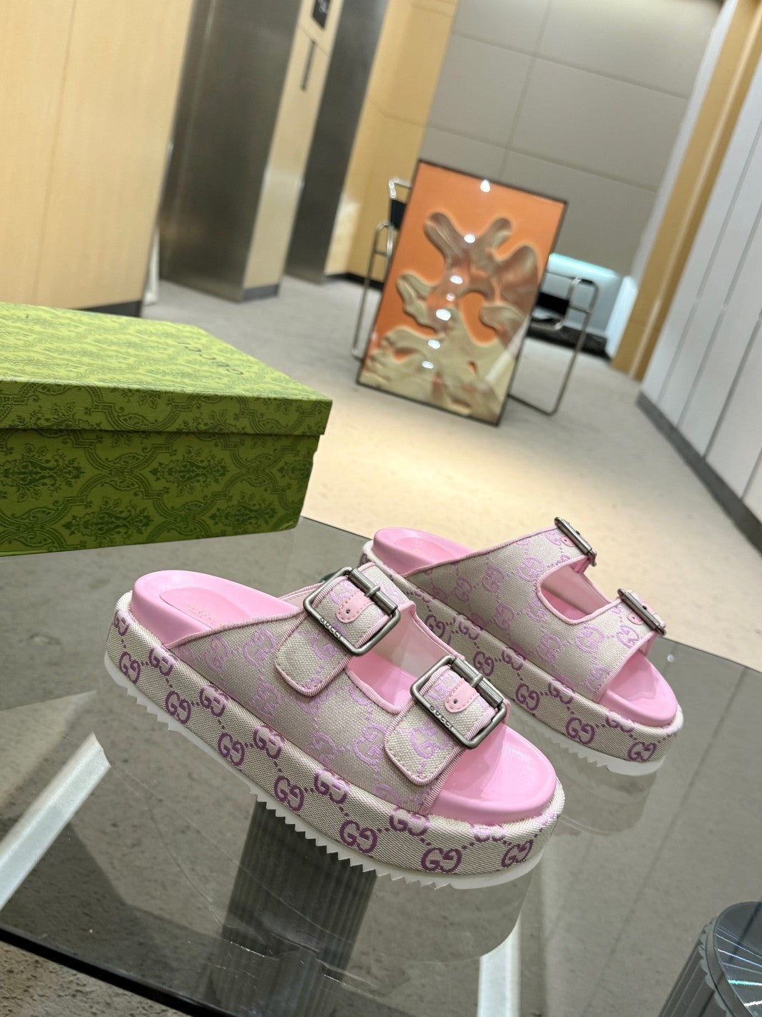 PINK MONOGRAM DOUBLE-STRAP PLATFORM SANDALS