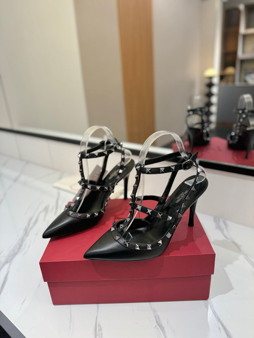 POINTED TOE STRAPPY HEELS – BLACK STUDDED DESIGN