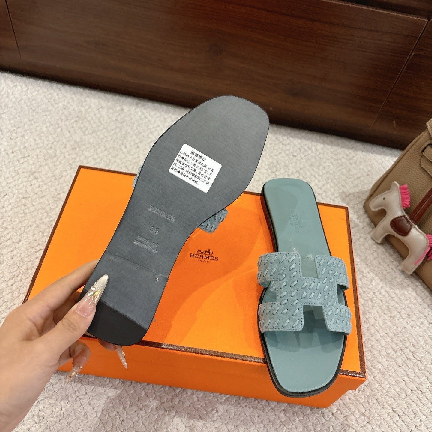 SOFT GREEN SUEDE SLIDE SANDALS