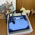 LUXURY BLUE OSTRICH LEATHER TOP HANDLE SHOULDER BAG