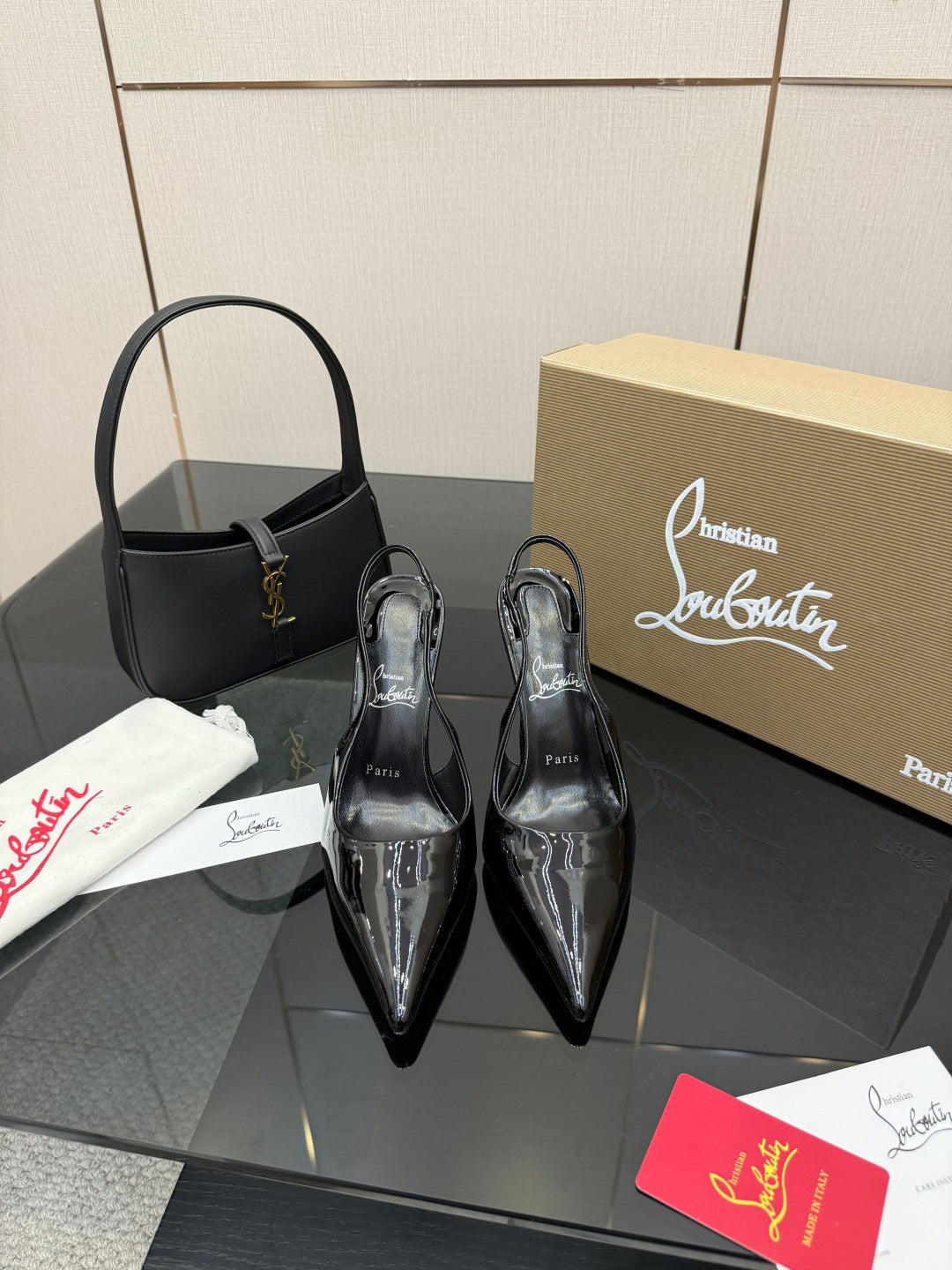 BLACK PATENT SLINGBACK POINTED HEELS