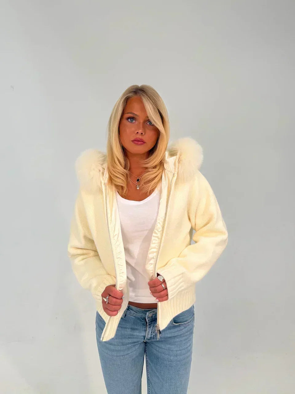 FUR HOODED KNIT JACKET