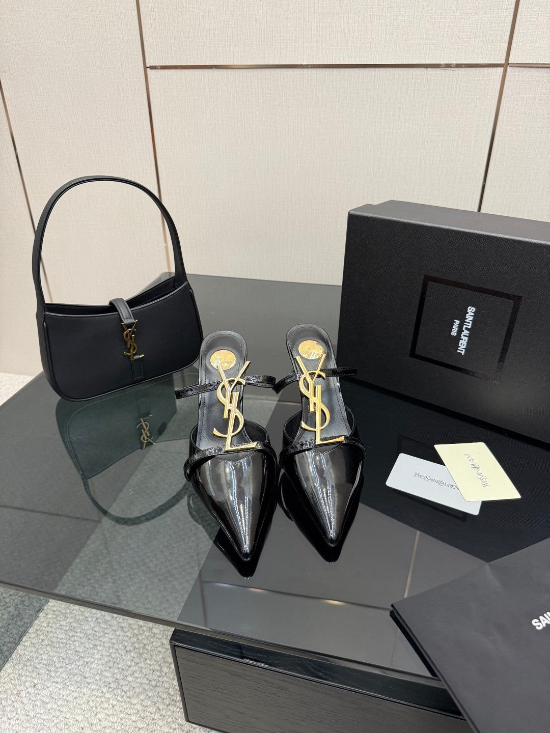 BLACK PATENT POINTED TOE MULE HEELS WITH GOLD DETAIL