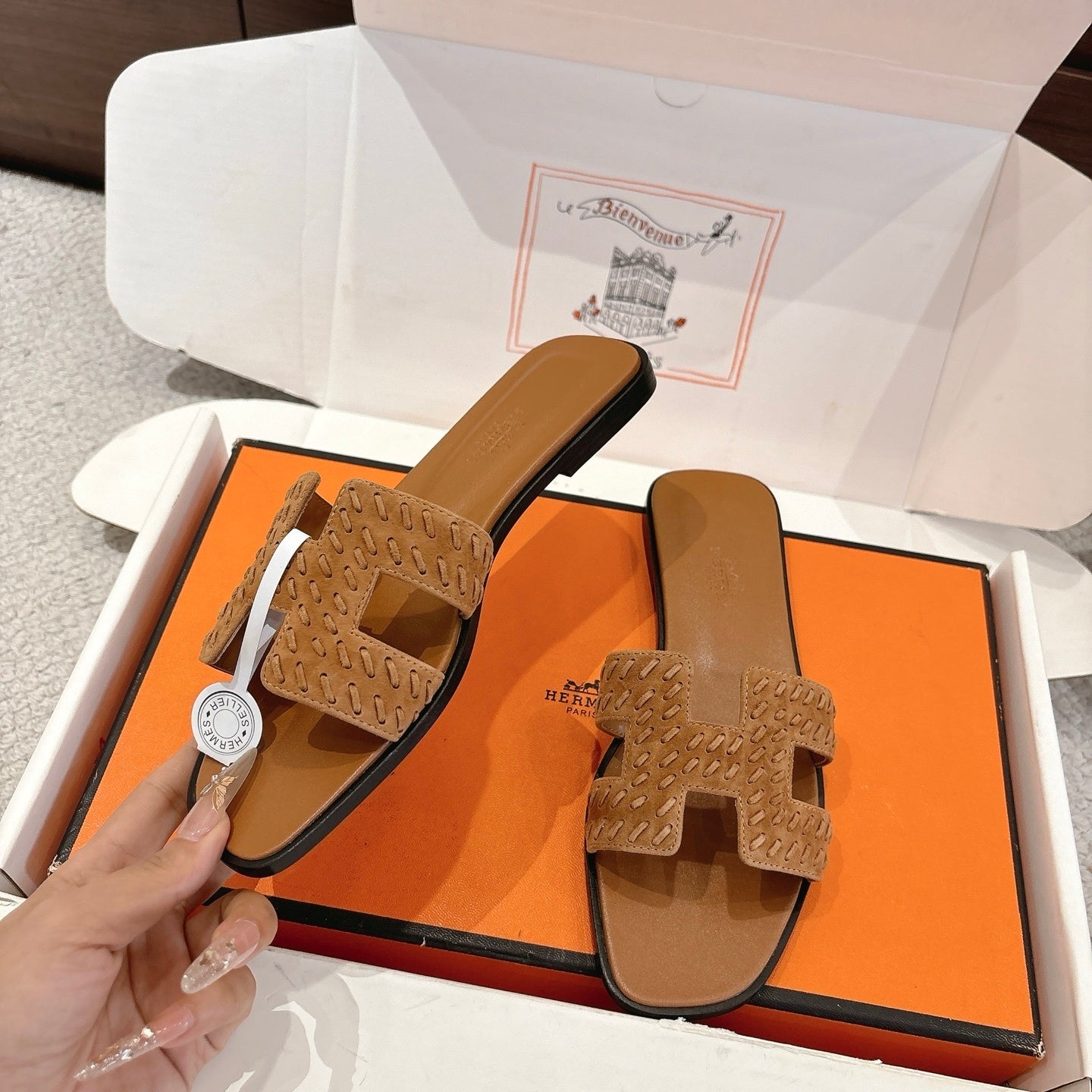 BROWN SUEDE SLIDE SANDALS