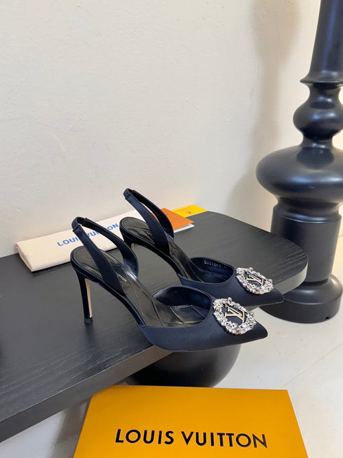 BLACK EMBELLISHED POINTED SLINGBACK HEELS