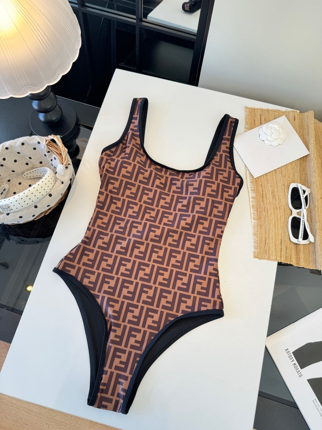 BROWN MONOGRAM SCOOP NECK ONE-PIECE SWIMSUIT