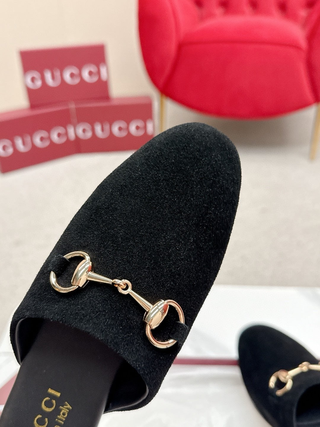 BLACK SUEDE HORSEBIT SLIP-ON MULES