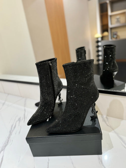 BLACK CRYSTAL HEEL BOOTS