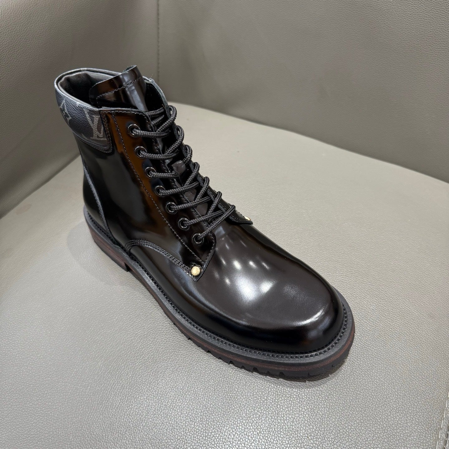 BLACK LEATHER MONOGRAM LACE-UP BOOTS