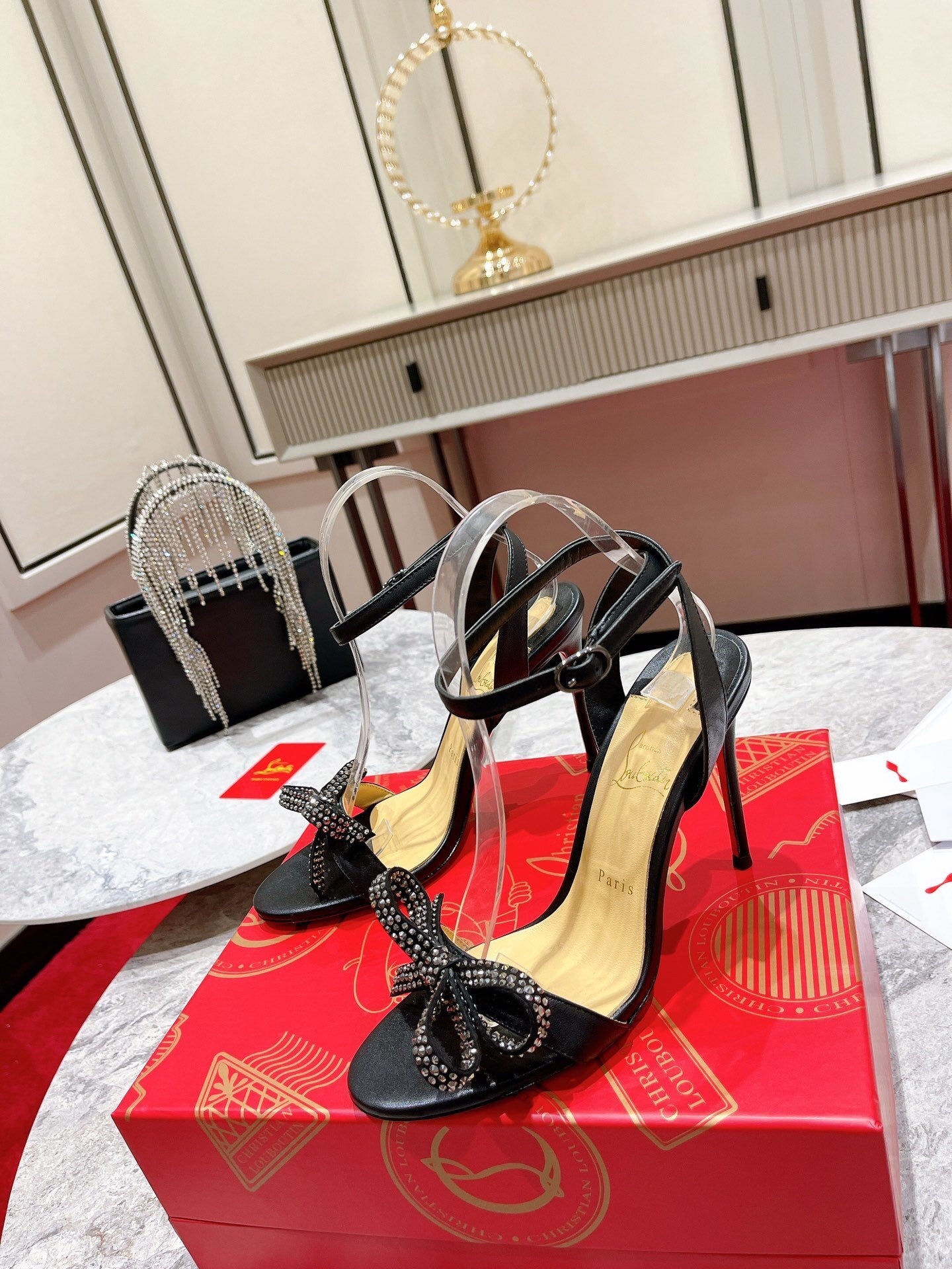 BLACK CRYSTAL BOW STRAP HEELS