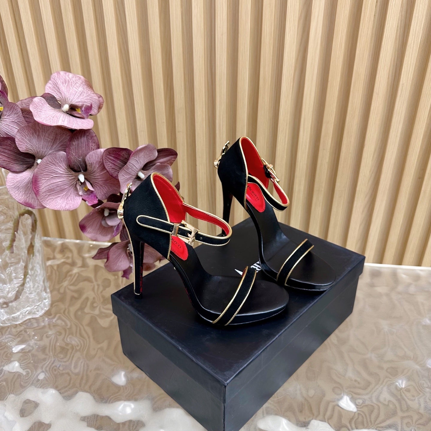 MINIMALIST ANKLE STRAP STILETTO SANDALS – BLACK & GOLD EDITION